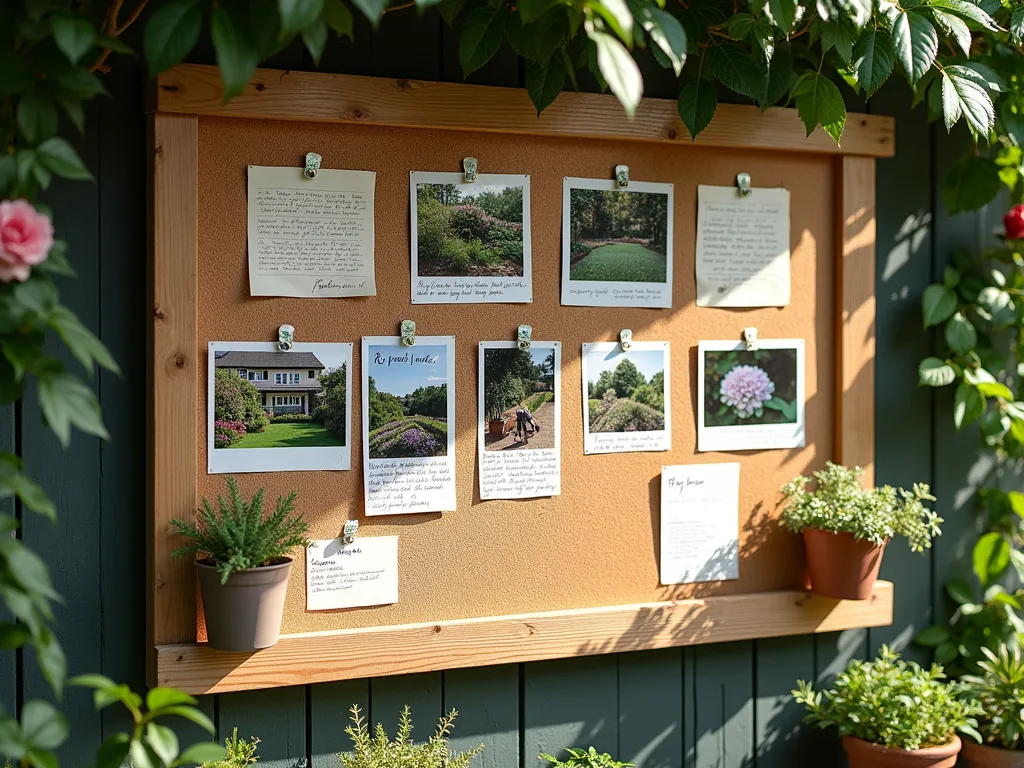 Garden Evolution Timeline Board - A rustic wooden bulletin board mounted on a garden wall, showcasing a beautiful timeline of garden transformation photos. The board features before-and-after photographs arranged chronologically, showing a garden's evolution from bare soil to a lush cottage garden. Professional-quality photos pinned with decorative pushpins show progressive stages: initial clearing, bed preparation, first plantings, and final flourishing garden with blooming hydrangeas, roses, and lavender. Handwritten notes on vintage-style cards detail planting dates and garden milestones. A 'Future Plans' section includes inspiration photos and sketches. Natural sunlight illuminates the board, casting a warm glow on the weathered wood surface. Small potted herbs and climbing roses frame the display.