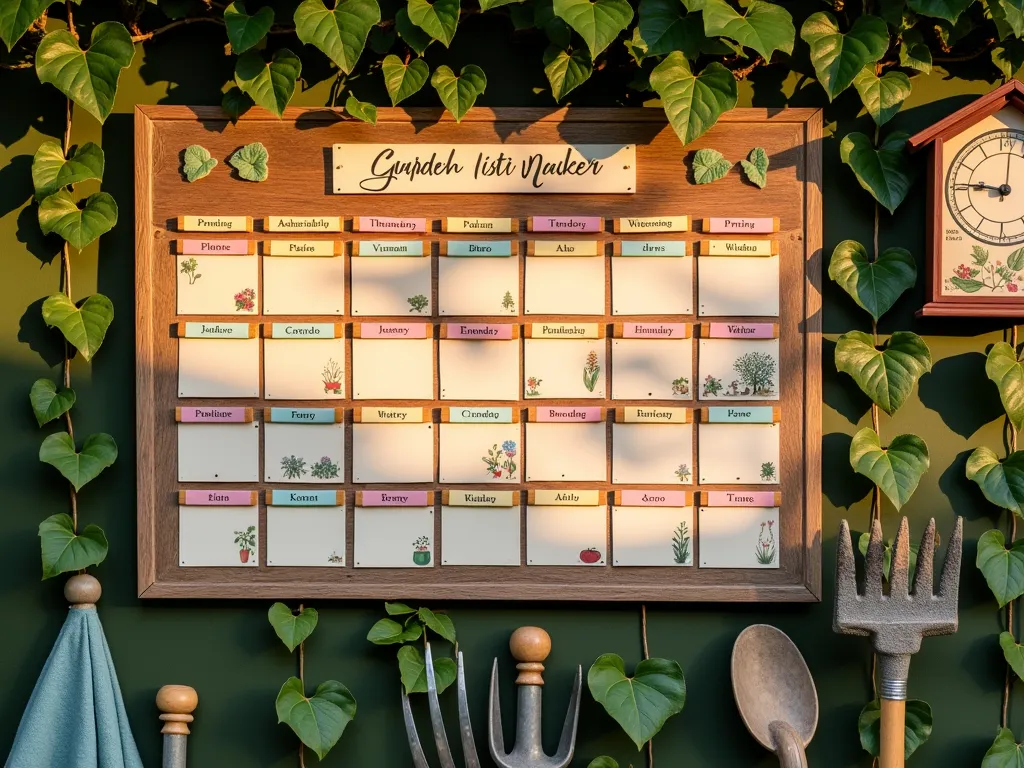 Garden Task Tracker Board with Sliding Markers - A rustic wooden bulletin board mounted on a garden wall covered in climbing ivy, featuring a beautifully organized monthly task tracker. The board has 12 monthly sections with handwritten calligraphy labels, each containing colorful wooden sliding markers for different garden tasks. The markers are painted in soft pastels - pink for planting, blue for watering, green for pruning, and yellow for harvesting. Small botanical illustrations decorate the corners, showing seasonal flowers and vegetables. A vintage garden clock and weather gauge are mounted alongside, and golden evening sunlight casts a warm glow across the setup. The board is photographed at a slight angle to show depth and dimension, with garden tools neatly arranged below.