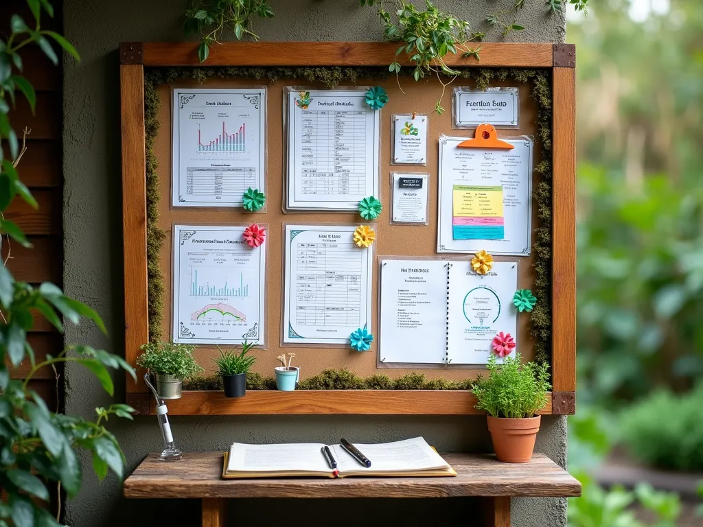 Garden Soil Amendment Tracking Board - A rustic wooden bulletin board mounted on a garden wall, featuring a professionally organized soil amendment tracking system. The board displays neatly arranged charts, calendars, and data sheets with colorful pins and markers. Clear plastic sleeves protect paper records showing pH levels, fertilizer schedules, and nutrient tracking graphs. A decorative border of preserved moss and small potted herbs adorns the edges. Soft natural lighting illuminates the board, with a blurred background showing a well-maintained vegetable garden. Several soil testing tools and garden notebooks are artistically arranged on a small wooden shelf below the board.