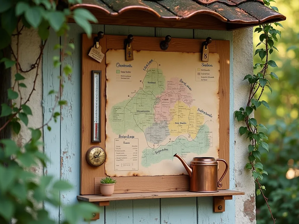 Elegant Garden Watering Schedule Station - A beautifully organized wooden bulletin board mounted on a weathered garden wall, with a rustic copper roof overhang. The board features a detailed garden map divided into color-coded watering zones, handwritten on kraft paper. A vintage-style rain gauge is mounted beside it, and decorative wooden tags with plant names hang from copper hooks. The board includes a sliding marker system with wooden pegs to track watering schedules, and a charming rainfall tracking calendar. Climbing jasmine frames the board, while a copper watering can sits on a small wooden shelf below. Shot in natural morning light with soft bokeh effect.