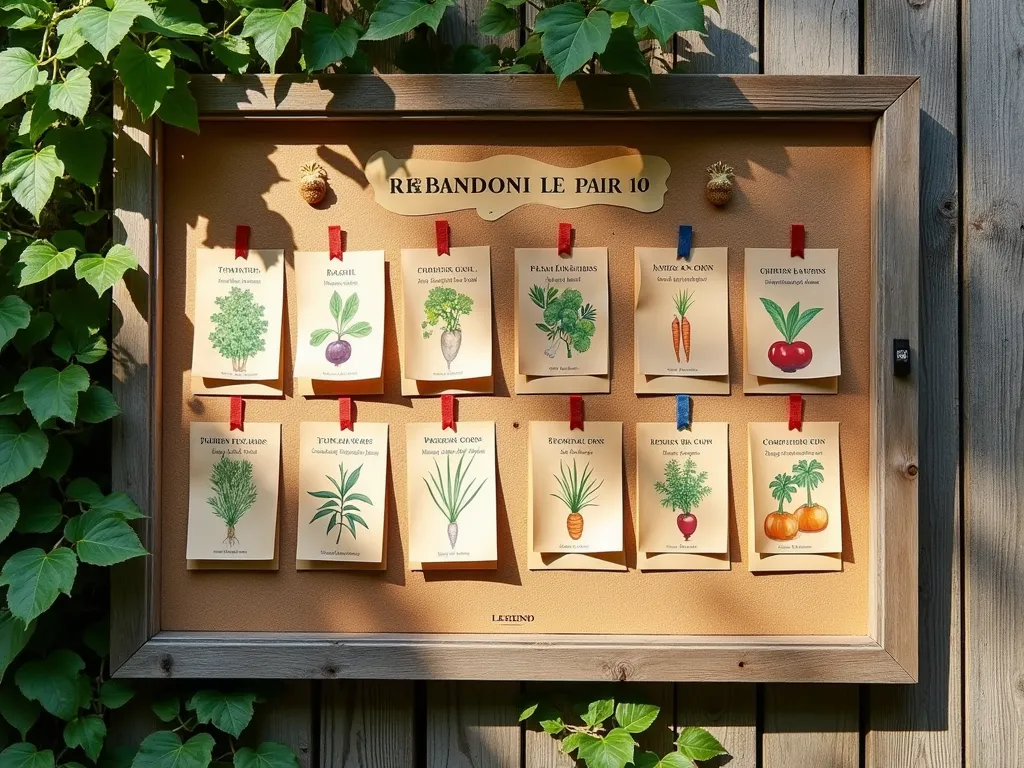 Interactive Garden Companion Planting Board - A rustic wooden bulletin board mounted on a garden wall, featuring a beautifully organized companion planting chart with movable kraft paper cards. Each card displays detailed botanical illustrations of vegetables and herbs in watercolor style. The board includes color-coded ribbons connecting compatible plants, with tomatoes, basil, and marigolds grouped in red, carrots and onions in blue, and beans and corn in green. Small cork sections hold handwritten success notes, and a legend explains the color system. Soft natural lighting casts gentle shadows across the weathered wood, with climbing ivy framing the corners of the board.