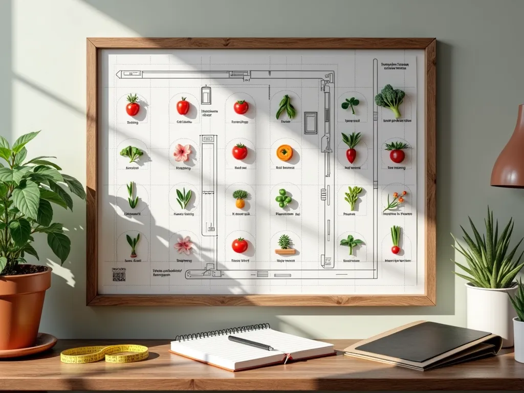 Modern Magnetic Garden Planning Board - A stylish, wall-mounted magnetic board in a weathered wood frame displaying a detailed garden layout plan with a crisp white grid system. Multiple colorful magnetic plant markers showing vegetables and flowers arranged on scaled garden bed outlines. Clean, professional design with a vintage botanical illustration style. The board features miniature magnetic icons of tomatoes, herbs, and flowers in soft watercolor style. A measuring tape and garden planning notebook rest on a rustic wooden shelf below. Soft natural lighting, warm earth tones, with chalkboard-style labeling for crop rotation zones.