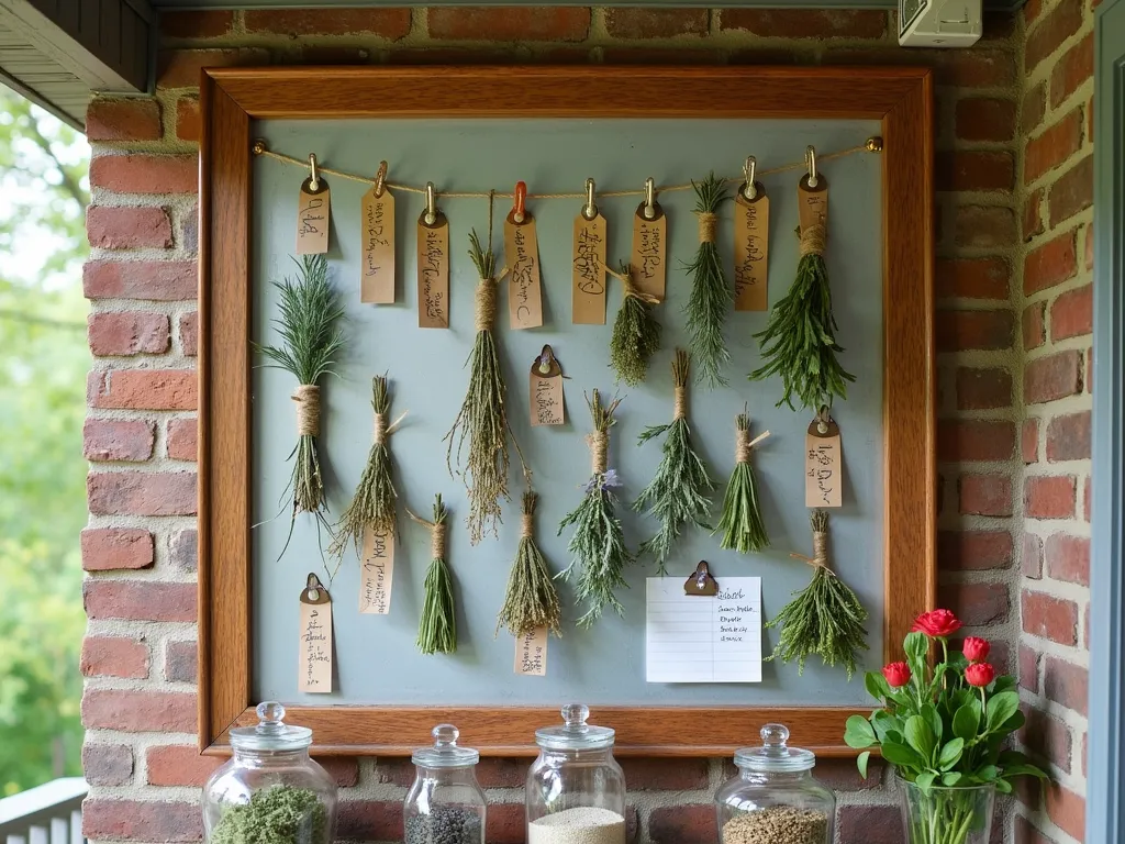 Rustic Magnetic Herb Drying Station - A beautiful vintage-style wooden framed bulletin board with galvanized metal backing, mounted on a weathered brick wall in a covered porch area. Multiple bundles of fresh herbs including lavender, sage, and rosemary hang from twine strings in neat rows. Handwritten kraft paper labels with herb names and care instructions are attached with decorative magnetic holders. Small vintage-style metal clips hold additional drying herbs. Soft natural lighting filters through, creating gentle shadows. The board features a mix of actively drying herbs and organized gardening notes. Several dried herb bundles in various stages of drying create a visually appealing gradient effect. The scene includes small magnetic glass jars containing dried herbs and seeds along the bottom edge of the board.