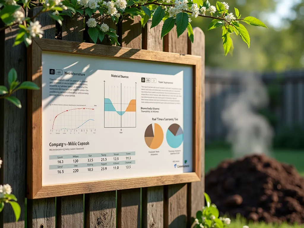 Stylish Modern Compost Monitoring Station - A beautifully organized garden bulletin board mounted on a rustic wooden fence, featuring a modern minimalist design for compost monitoring. The board displays clean, well-designed temperature charts with red and blue gradient markers, material balance wheels showing brown and green matter ratios, and a timeline diagram for compost turning schedules. A small digital thermometer is mounted next to the board, with real-time compost temperature readings. The board is partially covered by climbing jasmine vines, adding natural elegance. Soft afternoon sunlight illuminates the scene, casting gentle shadows across the weathered wood. A neat pile of dark, rich compost is visible in the background, with steam rising gently, hyperrealistic, professional photography style