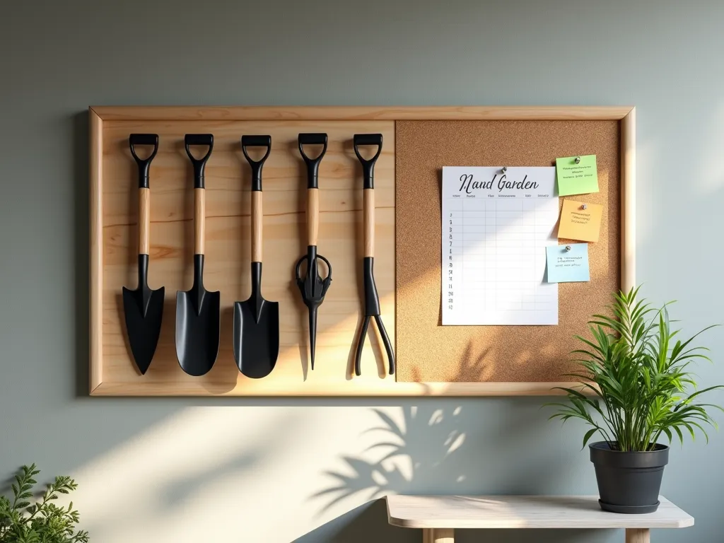 Modern Garden Tool Organization Board - A pristine wooden pegboard mounted on a light gray wall in a well-lit garage or garden shed. The board features neatly painted black silhouettes of common garden tools (rake, spade, pruning shears, trowel) with the actual tools hanging perfectly aligned over their shadows. On the right side, a cork bulletin board section displays a neat garden maintenance calendar, plant care schedules, and colorful seasonal planning notes pinned with silver pushpins. The board has a modern minimalist design with clean lines, and a small potted succulent sits on a small shelf below. Natural lighting casts subtle shadows, creating depth and dimension. The scene is styled with professional organization and attention to detail.