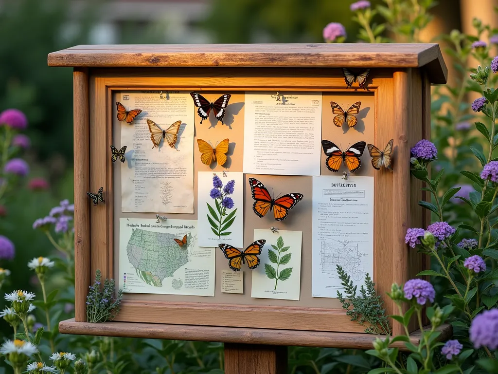 Rustic Butterfly Identification Board - A beautifully styled wooden garden bulletin board with a natural, weathered finish, mounted on a garden wall surrounded by flowering plants. The board features neatly arranged butterfly identification cards with vivid, realistic illustrations of local butterfly species. Clear plastic pockets contain handwritten observation notes and seasonal migration maps. The display includes small dried flower arrangements in the corners and labeled diagrams of butterfly-friendly plants like lavender, butterfly bush, and milkweed. Soft evening sunlight illuminates the scene, with a few actual butterflies hovering near the display. The board has a decorative copper frame and vintage botanical design elements.