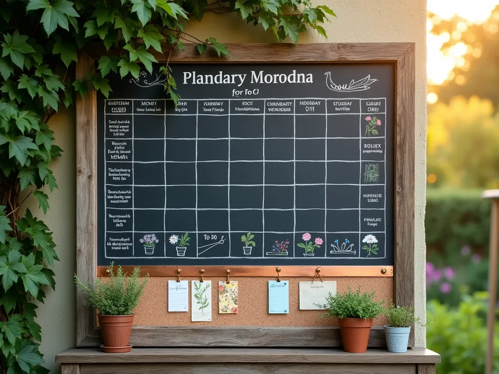 Rustic Garden Planning Chalkboard Calendar - A beautifully styled, large weathered wooden frame housing a black chalkboard calendar mounted on a garden wall, photographed at golden hour. The chalkboard features neatly chalked monthly planting schedules, weather symbols, and to-do lists in white and pastel chalk. A rustic copper-trimmed cork strip runs along the bottom, decorated with colorful seed packets, garden sketches, and pressed flowers. Vintage garden tools hang decoratively on either side. Small potted herbs sit on a wooden shelf beneath. The board is partially covered by climbing jasmine, creating a natural frame. Soft bokeh effect in background showing a lush garden.