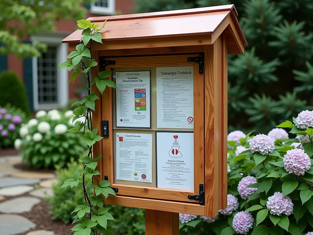 Rustic Garden Emergency Station - A stylish, weatherproof wooden bulletin board mounted on a rustic cedar post in a garden setting, protected by a small copper roof. The board features neatly organized emergency contact information, laminated guides, and first aid tips displayed in clear plastic sleeves. The board is adorned with decorative metal corner brackets and surrounded by climbing clematis vines. A small solar-powered LED light illuminates the board. The scene is set against a backdrop of lush hydrangeas and evergreen shrubs, with a stone pathway leading to the information station.