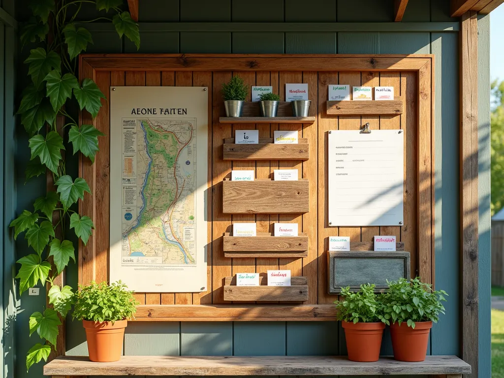 Rustic Garden Label Organization Board - A beautifully organized wooden bulletin board mounted on a garden shed wall, featuring multiple small compartments made from weathered wood. The board has a rustic farmhouse aesthetic with labeled sections containing colorful plant markers and tags neatly arranged. A hand-drawn garden map is pinned to one side, while vintage-style metal label holders contain handwritten plant variety cards. Natural lighting casts gentle shadows across the weathered wood, with some climbing ivy framing one corner. Small terracotta pots with herb seedlings sit on a shelf below the board.