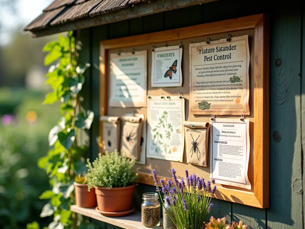 Rustic Garden Pest Management Board - A beautifully organized rustic wooden bulletin board mounted on a garden shed wall, illuminated by soft natural light. The board features neatly arranged sections with high-quality botanical illustrations of common garden pests and their natural predators, vintage-style educational charts about organic pest control methods, and clear plastic pouches containing dried herb samples like neem, lavender, and marigold. Small mason jars containing beneficial insects are mounted below. The board is decorated with dried flowers and climbing ivy, while a potted lavender plant sits on a small shelf underneath. The scene is photographed at a slight angle, with a blurred garden background showing healthy vegetable plants.