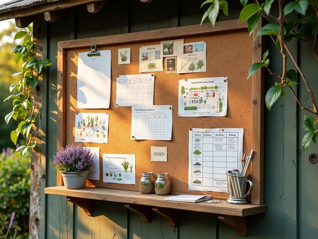 Rustic Garden Project Planning Center - A beautifully organized rustic wooden bulletin board mounted on a weathered garden shed wall, illuminated by warm afternoon sunlight. The board features multiple cork sections with handwritten project cards, garden sketches, and timeline charts pinned with copper pushpins. A vintage wooden tool shelf below holds mason jars filled with garden markers and writing supplies. Climbing jasmine frames the board, while a potted lavender sits on a small reclaimed wood table beneath. The board displays colorful garden photos, seed packets, and a detailed vegetable garden layout plan with monthly task schedules. A small chalkboard section shows the current month's priorities and a weather-resistant pocket holds material lists.