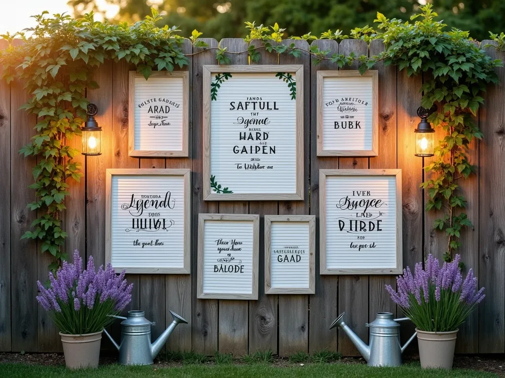 Rustic Garden Quote Gallery Wall - A beautifully arranged outdoor gallery wall on weathered wood fence backdrop, featuring vintage-style white wooden frames with inspirational garden quotes in elegant typography. Multiple weatherproof letter boards with seasonal gardening messages, surrounded by climbing jasmine vines. Interspersed with framed photographs of vibrant garden scenes and blooming flowers. Soft evening lighting from mason jar solar lights illuminating the display. Potted lavender plants and vintage watering cans at the base adding authentic garden charm. Photorealistic, golden hour lighting, warm and inviting atmosphere.