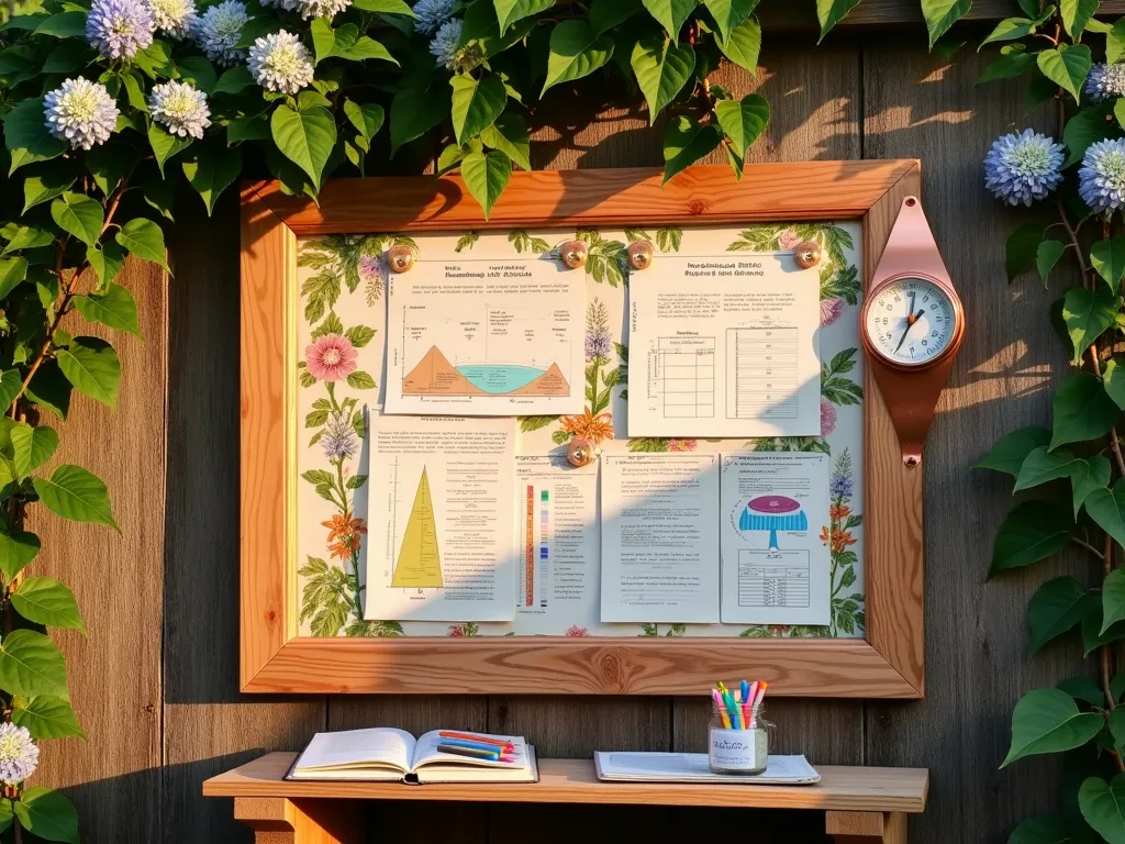 Rustic Garden Rain Gauge Station - A beautifully crafted cedar wood bulletin board mounted on a garden wall with a decorative copper rain gauge beside it. The board features neatly organized weather charts, colorful rainfall graphs, and handwritten plant observations pinned with brass thumbtacks. A climbing hydrangea frames the display, while vintage-style botanical illustrations of water-loving plants decorate the corners. The scene is illuminated by warm evening sunlight, casting gentle shadows across the weathered wood. A small shelf below holds garden journals and colored markers in mason jars.