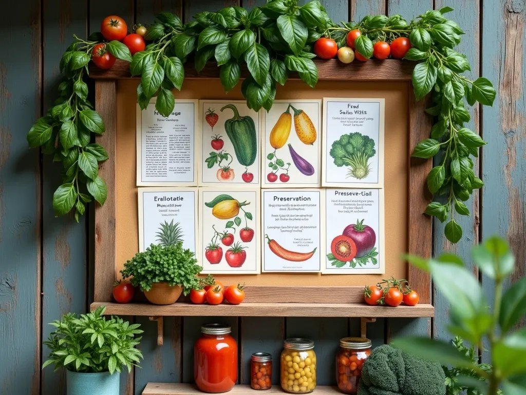 Rustic Garden Recipe Board Display - A vintage wooden bulletin board mounted on a weathered barn wood wall in a garden setting, displaying colorful recipe cards and preservation guides. Fresh vegetables and herbs frame the board, including ripe tomatoes, basil, and zucchini. Recipe cards feature watercolor illustrations of seasonal produce. Mason jars filled with preserved vegetables line a small shelf below. Soft natural lighting, shallow depth of field, professional food photography style, 85mm lens, f/2.8