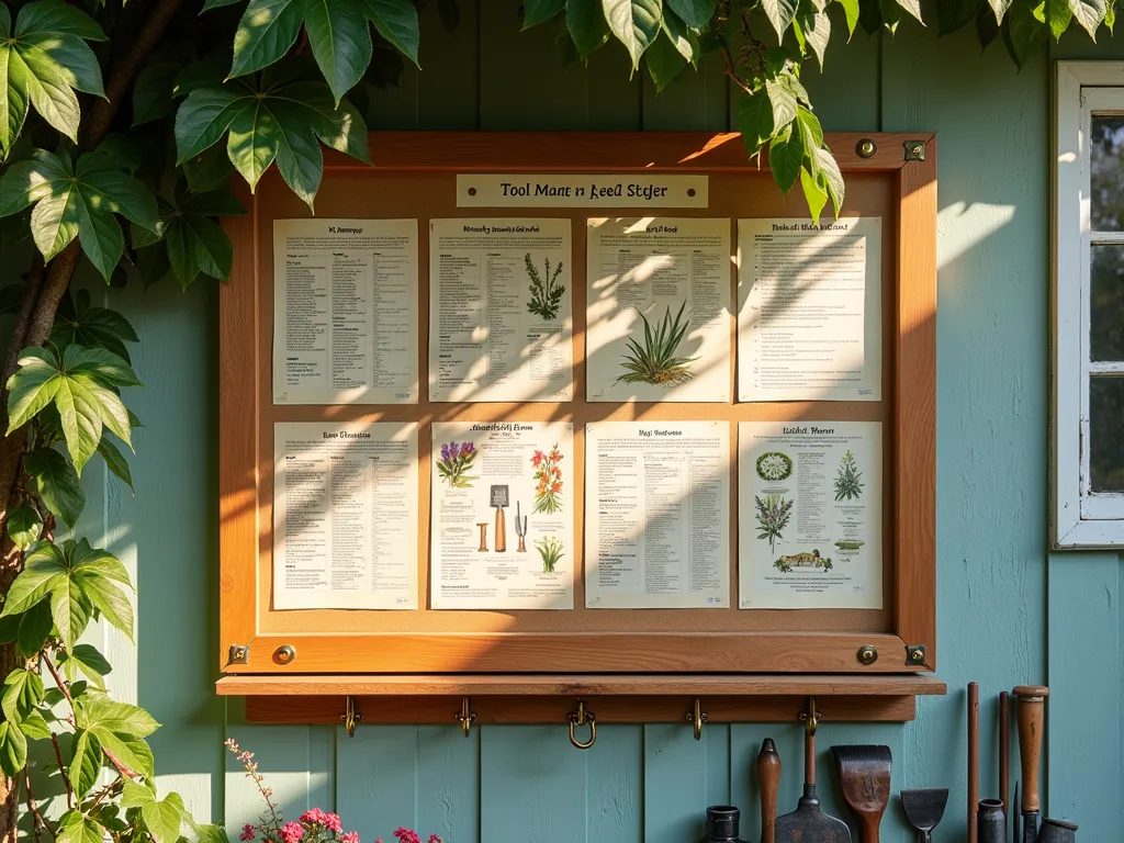 Rustic Garden Tool Maintenance Board - A beautifully organized wooden bulletin board mounted on a weathered garden shed wall, featuring a meticulously arranged tool maintenance schedule. The board includes vintage-style calendar cards, handwritten maintenance checklists, and detailed diagrams of garden tools. Small hooks below hold essential maintenance tools like oil cans and sharpening stones. Soft afternoon sunlight streams through nearby climbing jasmine, casting dappled shadows across the board. The scene includes a potting bench below with well-maintained garden tools neatly arranged. The bulletin board has a protective glass cover with brass corners, and is decorated with pressed flowers and vintage botanical illustrations in the corners.