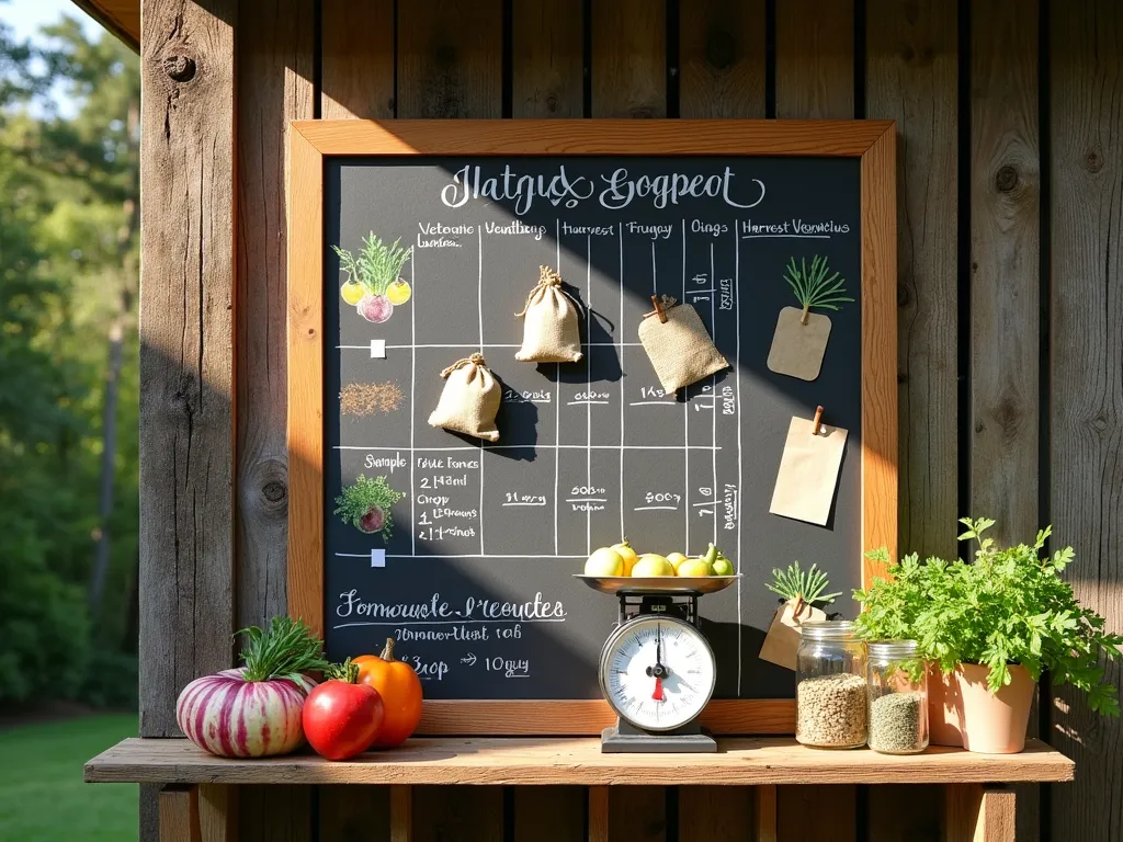 Rustic Harvest Tracking Board - A beautifully organized wooden garden bulletin board mounted on a rustic barn wood backdrop, illuminated by warm afternoon sunlight. The board features handwritten chalk sections for different vegetables and fruits, with colorful charts and vintage-style paper tags tracking harvest dates. Small burlap pouches containing seed samples are pinned alongside harvest weight records. A wooden shelf below holds a vintage scale and mason jars filled with dried herbs. The board includes watercolor illustrations of vegetables, handwritten notes about crop yields, and a calendar marking planting and harvest dates. Fresh vegetables and herbs are displayed on the shelf, creating a lived-in, practical garden planning station