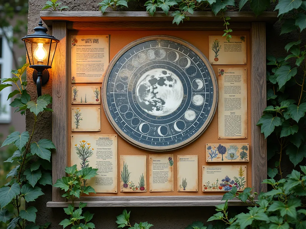 Rustic Moon Phase Garden Calendar - A beautifully crafted wooden bulletin board with a weathered finish mounted on a garden wall, featuring a large central moon phase diagram painted in silver and gold. The board includes handwritten planting guides, vintage botanical illustrations, and small pouches holding seed packets. The calendar section uses ribbons to track lunar cycles, with delicate watercolor paintings of vegetables and herbs arranged around the edges. Soft evening lighting casts a gentle glow, with climbing moonflowers and night-blooming jasmine framing the display. The board includes small chalkboard sections for notes and a vintage-style barometer.