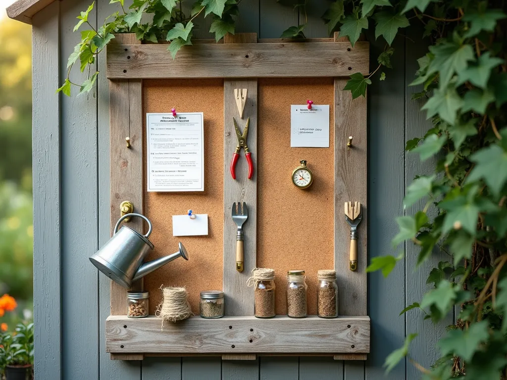 Rustic Pallet Wood Garden Message Center - A beautifully weathered wooden pallet transformed into a garden message center mounted on a garden shed wall, natural lighting, soft afternoon sunlight. The pallet has cork panels fitted between its slats, covered with garden plans and seasonal notes pinned with colorful pushpins. Multiple brass hooks holding garden tools like pruning shears and trowels. Small mason jars mounted on the bottom slat containing wooden plant markers and natural twine. Vintage-style metal watering can hanging on one side. The wood has a beautiful silvered patina, with some climbing jasmine naturally framing one corner. Shallow depth of field focusing on the center of the board, 4k HDR, photorealistic