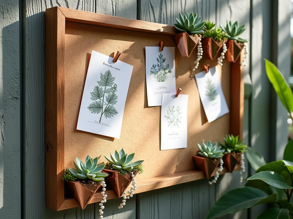 Rustic Succulent Planning Board - A beautifully crafted wooden framed bulletin board mounted on a weathered garden wall, featuring a natural cork backing and rustic copper succulent planters integrated into the frame. Small echeveria, jade plants, and string of pearls cascade from geometric copper containers along the edges. Handwritten care cards, propagation diagrams, and botanical sketches are neatly pinned to the cork surface with copper pins. Soft natural lighting creates gentle shadows, highlighting the texture of the succulents. The board has a vintage botanical theme with a modern organizational layout, photographed at a slight angle to show depth and dimension.