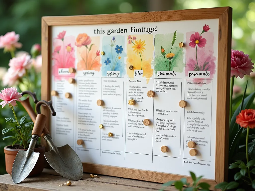 Seasonal Garden Color Planning Board - A beautifully organized wooden bulletin board with a colorful annual garden timeline, photographed in natural light. The board features a professional rainbow-coded chart showing blooming periods from spring to fall, with delicate watercolor illustrations of flowers. Small wooden markers with gold pins indicate current blooms, while elegant handwritten plant names in calligraphy style text add detail. Visible plant categories include spring bulbs, summer perennials, and autumn flowers, all arranged in a visually pleasing grid pattern. The background shows a soft-focused garden setting with blooming flowers matching the current season's section. Photographed at a slight angle to show depth, with vintage gardening tools tastefully arranged in the corner.