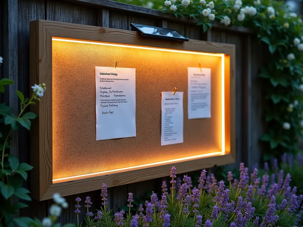 Evening Glow Garden Bulletin Board - A modern, weather-resistant wooden bulletin board with integrated solar-powered LED strip lighting along its frame, mounted on a rustic garden wall surrounded by climbing jasmine. The board displays various gardening notes and plant care schedules, softly illuminated by warm white LEDs in the twilight hour. A small solar panel is discreetly positioned on top of the frame, while the ambient lighting creates a gentle glow across the cork surface. The scene is set in a peaceful evening garden setting with lavender bushes below, creating a professional and organized outdoor planning space.