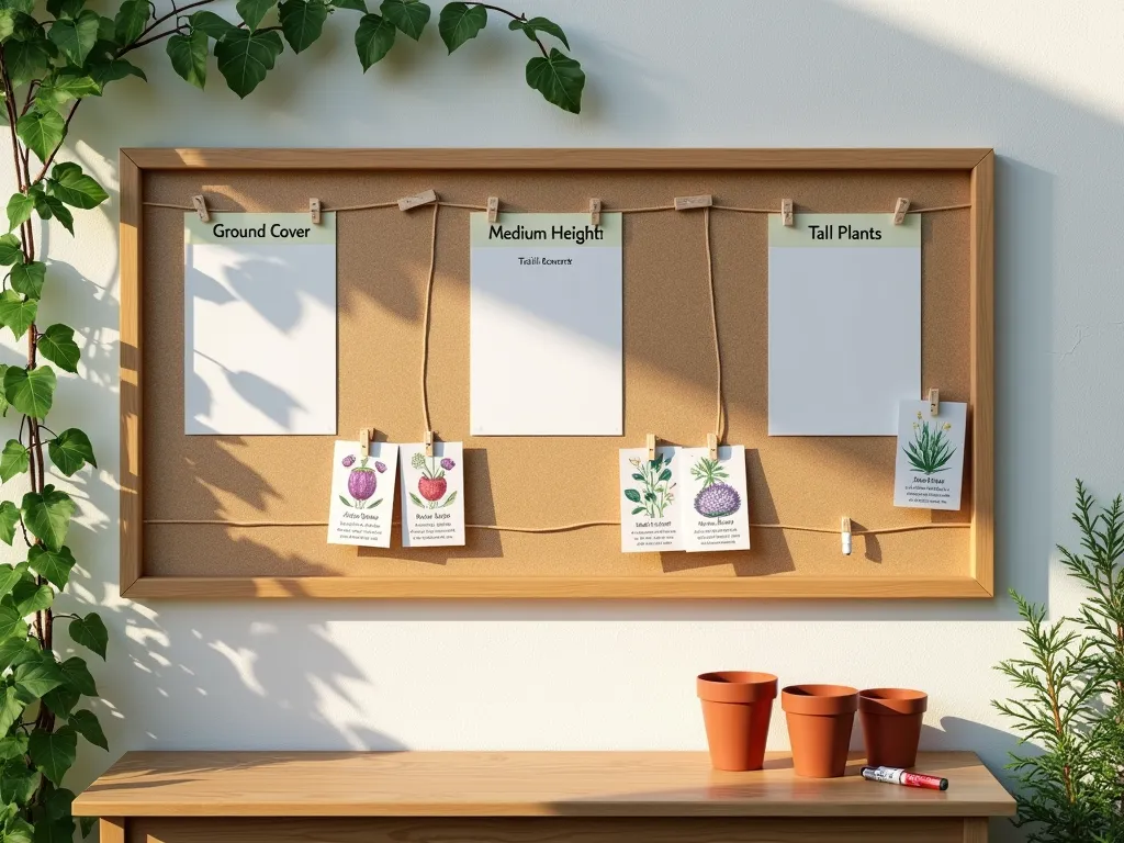 Modern Vertical Garden Planning Board - A stylish wooden bulletin board mounted on a white garden wall, featuring three distinct horizontal sections labeled 'Ground Cover', 'Medium Height', and 'Tall Plants'. The board has a clean, modern design with a light oak finish and white magnetic markers. Colorful plant cards with botanical illustrations are arranged across the sections, showing potential garden layouts. Small wooden plant markers hang from hooks, while garden string creates a grid pattern across each section. Natural sunlight casts gentle shadows, and climbing ivy frames one corner of the board. A potting bench with terracotta pots sits below, adding context to the garden planning space. Photorealistic, soft natural lighting, architectural photography style.