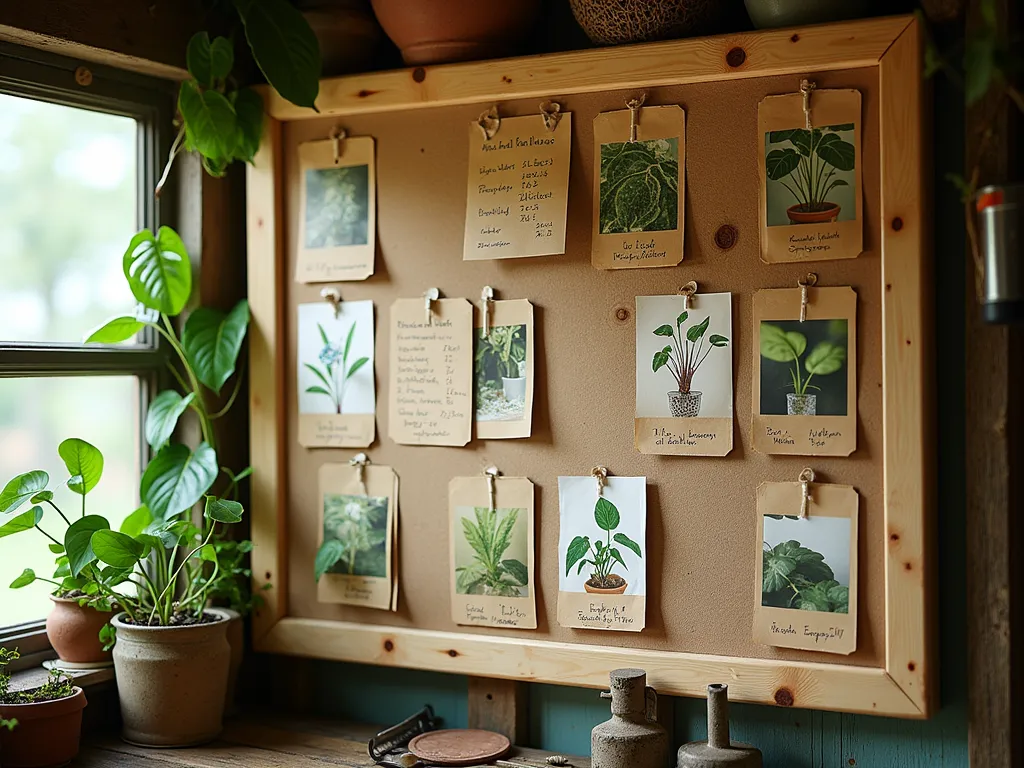 Vintage Botanical Propagation Station Board - A beautifully organized wooden bulletin board mounted on a rustic garden shed wall, featuring a vintage botanical aesthetic. The board displays multiple clear propagation tubes with growing plant cuttings in water, each labeled with handwritten kraft paper tags. A grid of weathered index cards tracks propagation progress, with dates and success rates carefully noted. Decorative botanical illustrations of leaf cuttings and root development add visual interest. Soft natural lighting filters through nearby windows, highlighting glass vessels containing pothos, monstera, and philodendron cuttings. Small Polaroid-style photos show successful propagation results, while dried pressed leaves create an artistic border around the board's edges. The scene includes vintage garden tools and a small wooden shelf below holding additional propagation supplies.