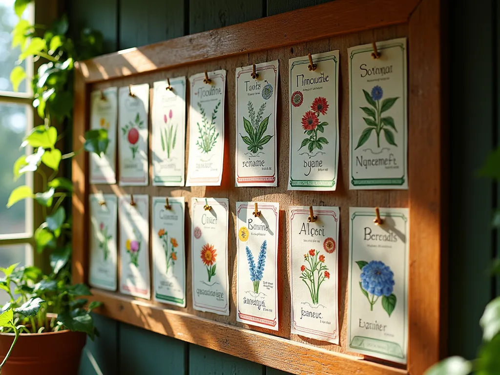 Vintage-Style Garden Seed Library Display - A rustic wooden bulletin board with organized clear plastic pockets containing colorful seed packets, arranged in a grid pattern. The board features handwritten chalk labels for seasons and plant types, with vintage-inspired botanical illustrations decorating the borders. Natural sunlight streaming in from the left creates a warm, inviting atmosphere. Small handwritten notes with growing tips are pinned between seed packets, and successful plant varieties are marked with golden star stickers. The board is mounted on a weathered garden shed wall with trailing potted ivy nearby.