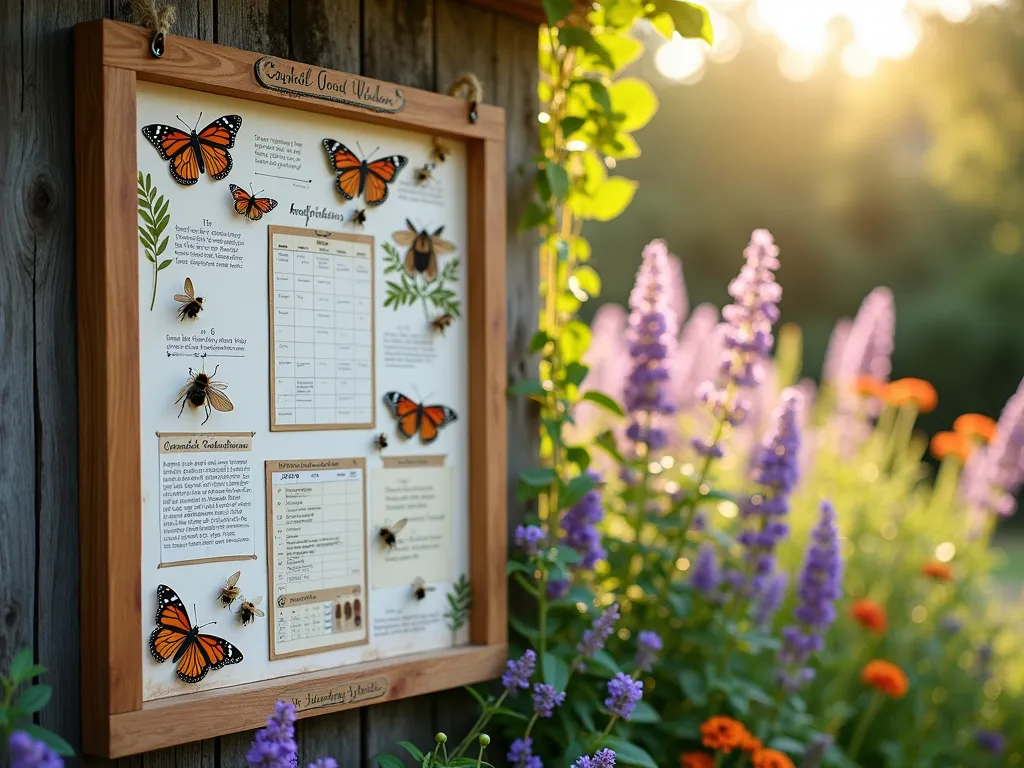 Vintage-Style Pollinator Activity Board - A beautifully organized rustic wooden bulletin board mounted on a garden wall, featuring a vintage botanical style. The board displays colorful hand-drawn illustrations of local pollinators, including monarch butterflies, honey bees, and native bumblebees. Contains neat sections with observation charts, seasonal tracking calendars, and pressed flower specimens. Decorated with antique-style pins and natural twine. Soft evening sunlight illuminates the board, with a blurred background showing a flourishing cottage garden filled with lavender, echinacea, and butterfly bush in full bloom. Several active butterflies and bees visible in the background garden.