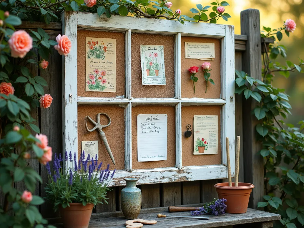 Rustic Garden Planning Station with Vintage Window Frame - A weathered white vintage 6-pane window frame transformed into a garden bulletin board, mounted on a rustic wooden fence covered in climbing roses. The window panes are fitted with natural cork boards and chicken wire sections, displaying colorful garden sketches, seed packets, and handwritten planting schedules. Soft morning light filtering through, creating a dreamy atmosphere. Potted lavender and vintage gardening tools arranged below. Photorealistic, cinematic lighting, shallow depth of field, f/2.8, 85mm lens.