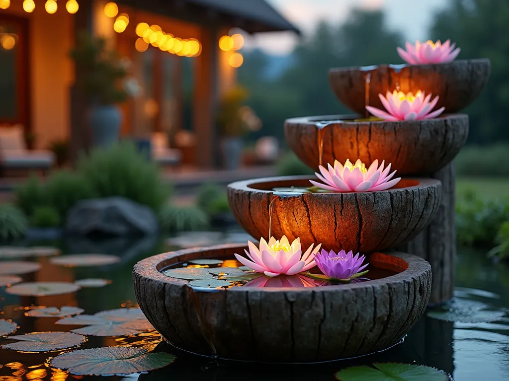 Luxurious Aquatic Garden Cart at Dusk - A stunning close-up shot of an elegantly designed garden cart at dusk, featuring three tiered water reservoirs cascading like a waterfall. The cart, crafted from weathered teak and copper, showcases blooming water lilies in pink and white floating in the top tier, while purple lotus flowers emerge majestically from the middle level. The bottom reservoir features delicate water lettuce and floating ferns. Soft ambient lighting illuminates the cart from within each tier, creating a magical glow that reflects off the water's surface. The background shows a blurred luxury patio space with string lights, while water droplets catching the evening light create a dreamy atmosphere. Shot with a 16-35mm lens at f/2.8, ISO 400, capturing the interplay of light and water with crystalline clarity.