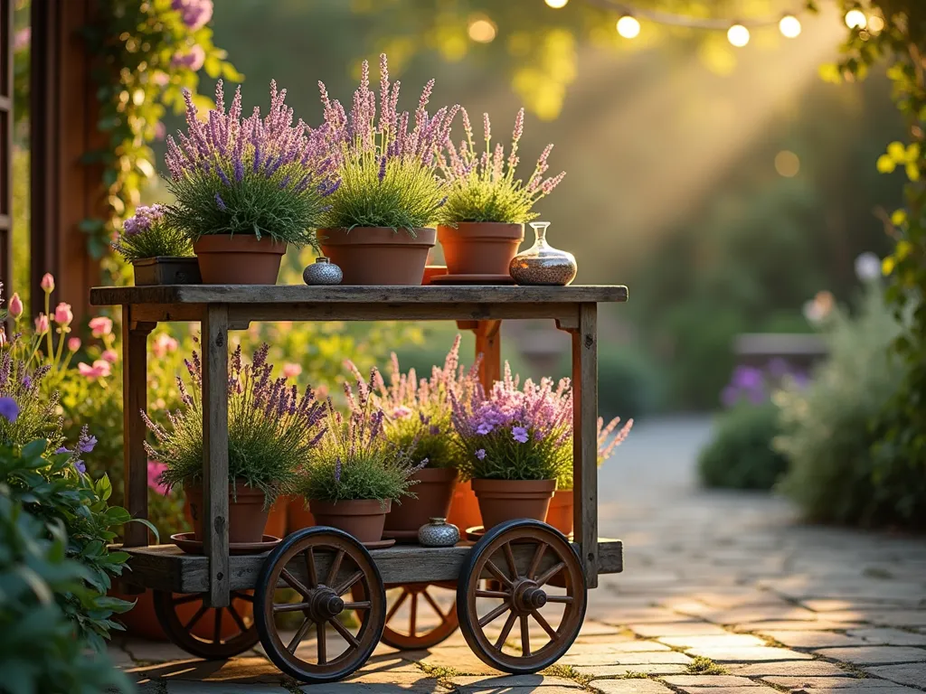 Enchanted Aromatherapy Garden Cart at Sunset - A charming vintage-style wooden garden cart photographed during golden hour in a lush backyard setting. The cart features three tiered shelves filled with blooming lavender, jasmine vines, and pink scented geraniums in weathered terracotta pots. Delicate copper hanging racks display bundles of drying herbs, while small botanical glass diffusers are nestled among the plants. Soft evening light filters through the foliage, creating ethereal shadows on the rustic wood. Captured with a wide-angle perspective at f/2.8, emphasizing the dreamy bokeh effect of the surrounding garden, with string lights twinkling in the background. The cart's wheels rest on a natural stone patio, surrounded by wisps of lavender smoke and climbing roses on a nearby trellis.