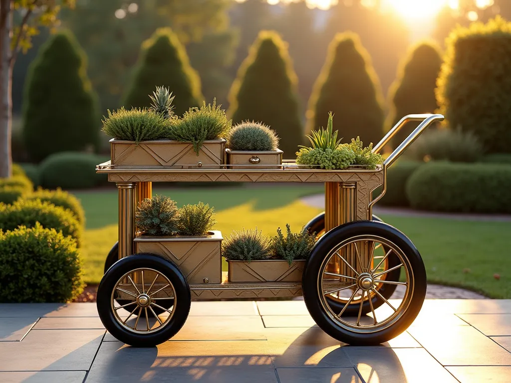 Luxurious Art Deco Garden Cart at Sunset - A stunning Art Deco-inspired garden cart photographed at golden hour in an elegant backyard setting. The cart features sleek geometric patterns in gold and silver metallic finishes, with sharp angular details and stepped forms typical of Art Deco design. The three-tiered cart showcases hanging plants and succulents, with black lacquered wheels and brass accents. The cart's structure incorporates zigzag patterns and sunburst motifs, while maintaining practical storage compartments. Captured from a three-quarter angle view, with soft sunset light highlighting the metallic surfaces. The background features a manicured garden with structured topiary, creating a sophisticated outdoor atmosphere. Photorealistic, highly detailed, architectural elegance.