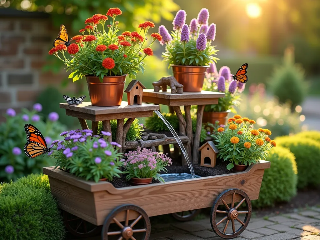 Enchanting Butterfly Garden Cart - A vintage-style wooden garden cart transformed into a vibrant butterfly sanctuary, photographed during golden hour. The cart features tiered shelving showcasing blooming butterfly bushes, purple coneflowers, and lantana in copper and terracotta pots. A small solar-powered water feature creates a gentle cascade between the plants, with several monarch and swallowtail butterflies hovering around the flowers. Decorative butterfly houses and natural perches made from twisted branches add whimsical charm. The cart is positioned in a sunny garden corner, with soft bokeh effects highlighting the natural garden background. The scene is captured from a three-quarter angle, showing both the artistic arrangement and the practical mobility of the cart, with ornate metal wheels visible beneath the lush display. Soft, natural lighting emphasizes the delicate wing patterns of the butterflies and the rich colors of the nectar-rich blooms.