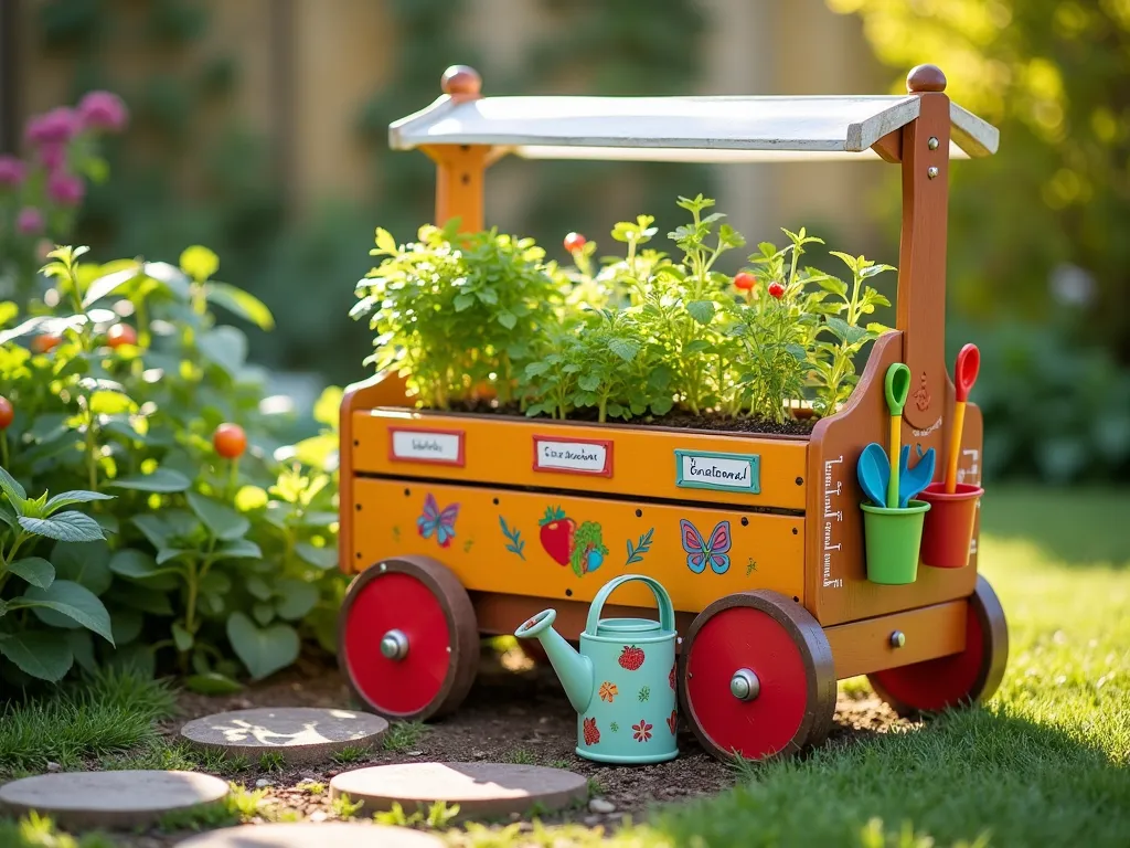 Children's Educational Garden Cart in Morning Light - A vibrant, child-sized wooden garden cart photographed in soft morning sunlight against a lush backyard garden backdrop. The cart features colorful compartments filled with easy-to-grow herbs and vegetables like cherry tomatoes, strawberries, and mint. Bright, laminated educational plant labels with playful illustrations are attached to each section. Child-sized gardening tools with rainbow-colored handles are neatly organized in side pockets. A small watering can decorated with butterflies sits on the lower shelf. The cart includes interactive elements like a height measurement ruler painted on the side and a mini greenhouse dome. DSLR photo with wide-angle lens capturing the entire scene, including children's stepping stones leading to the cart, f/8, ISO 100, natural morning lighting.