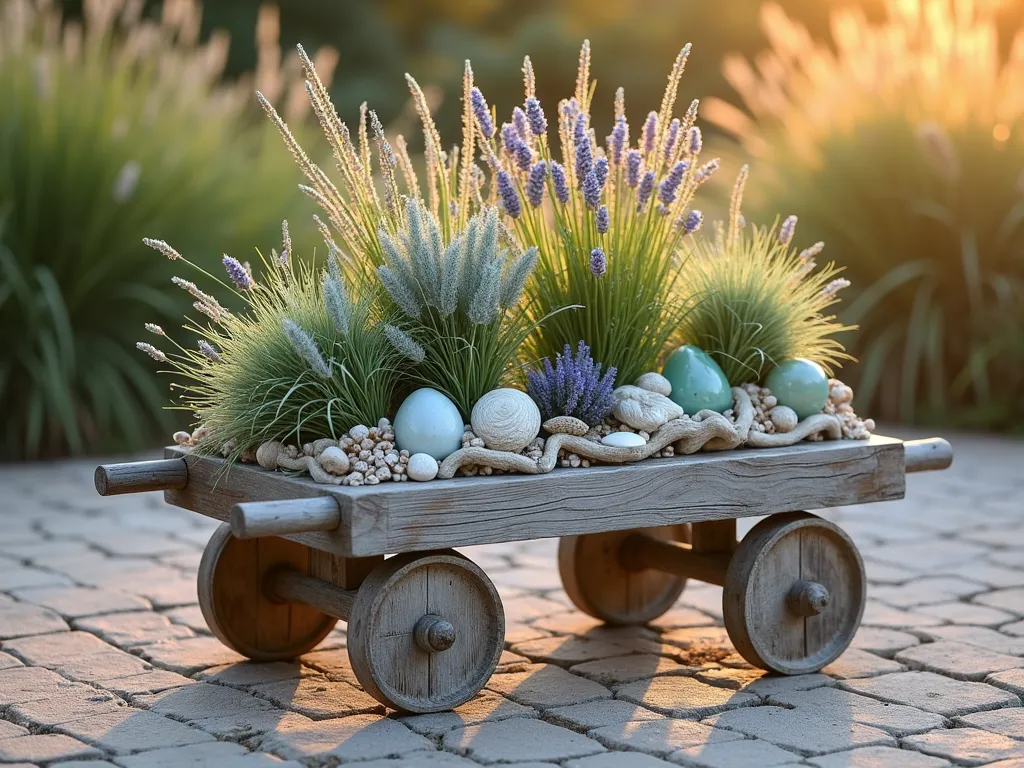 Coastal Garden Cart at Sunset - A charming weathered wood garden cart positioned on a sandy-toned paver patio, illuminated by warm sunset light. The cart features multiple tiers filled with cascading coastal plants including silvery-blue sea holly, swaying ornamental grasses, and hardy lavender. Decorated with white-washed driftwood pieces, delicate seashells, and weathered rope accents. Small vintage glass buoys in seafoam green add authentic coastal character. The cart's rustic wheels rest on a bed of crushed seashells, while coastal grasses sway in the background. Photorealistic, soft evening lighting, medium-wide shot showing full cart and surrounding patio context, high-end photography style.