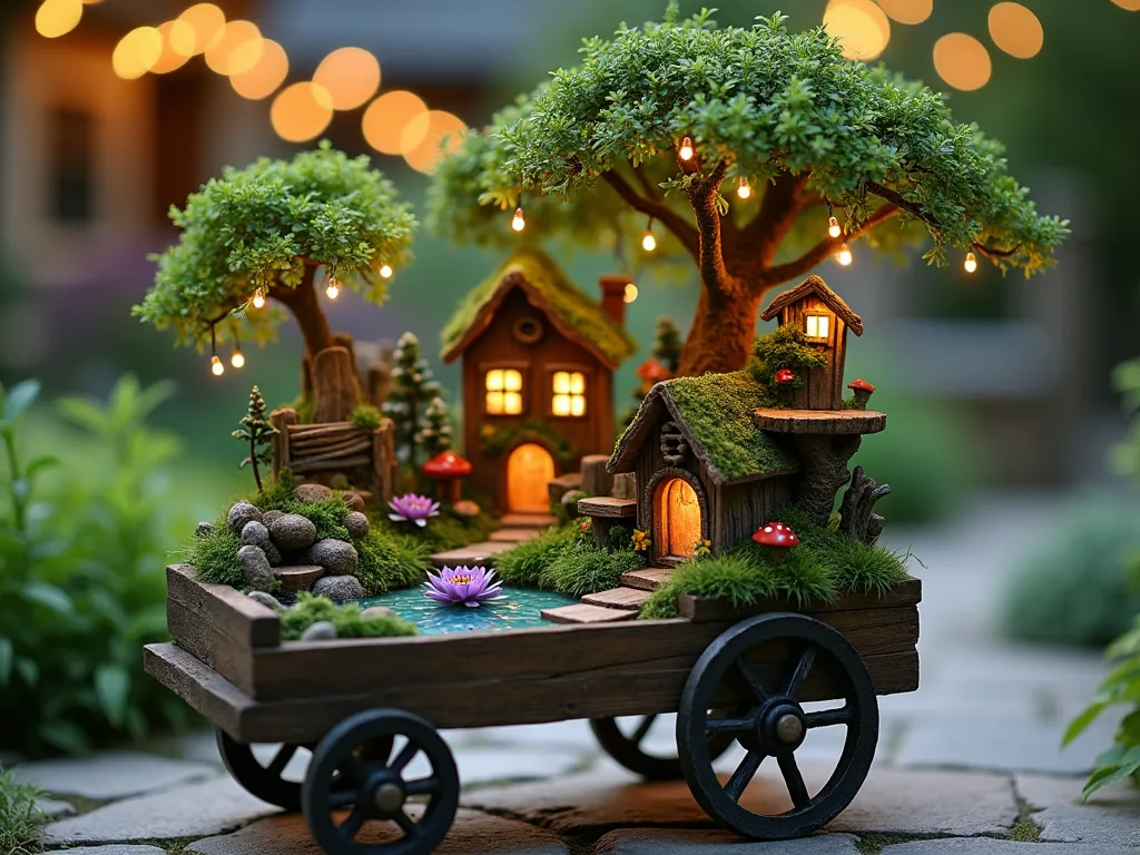 Enchanted Fairy Garden Cart at Twilight - A close-up shot of a vintage-style wooden garden cart transformed into a magical fairy garden, captured during twilight with soft, warm lighting. The three-tiered cart features miniature moss-covered pathways, tiny twinkling LED lights, and delicate fairy houses crafted from natural materials. The bottom tier showcases a small reflecting pool with water lilies, while the middle tier presents a fairy village with diminutive furniture made from twigs and bark. The top tier features a canopy of miniature flowering plants including dwarf African violets and tiny creeping thyme, creating an enchanted forest effect. Small-scale accessories like tiny gardening tools, mushrooms, and a fairy swing add whimsical detail. The cart sits on a weathered stone patio, with soft bokeh lighting in the background from string lights, creating a dreamy, magical atmosphere. The scene is perfectly scaled with careful attention to proportions, making it appear as a genuine fairy habitat.