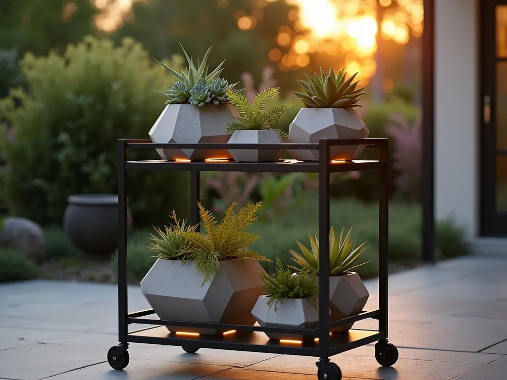 Industrial Bar Cart Garden Display - A close-up shot of a sleek, black metal industrial bar cart transformed into a modern plant display, captured during golden hour. The cart features three glass shelves artfully arranged with geometric concrete planters containing various succulents and air plants. Small LED grow lights are integrated beneath each shelf, creating a warm ambient glow. The cart is positioned on a contemporary stone patio, with a blurred modern garden backdrop. The evening sunlight casts dramatic shadows through the metalwork, highlighting the architectural lines of the cart. Shot with shallow depth of field focusing on the intricate plant arrangements, showcasing the delicate textures of the succulents against the industrial framework. 16-35mm lens at f/2.8, ISO 400.