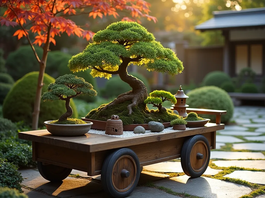 Serene Mobile Japanese Garden Cart - A stunning wooden garden cart with traditional Japanese design elements, photographed at golden hour in a tranquil backyard setting. The cart features multiple levels displaying carefully pruned bonsai trees in aged ceramic containers, delicate moss gardens in shallow dishes, and meticulously arranged rock gardens with white gravel. Natural bamboo dividers and small ceramic lanterns accent the display. The cart's dark wood finish complements the zen aesthetic, with clean lines and minimal ornamentation. A soft, directional light casts long shadows across the cart, highlighting the textures of the moss and the sculptural forms of the bonsai. Shot at f/2.8 with a slight bokeh effect, creating depth while maintaining sharp detail on the main elements. Wide-angle perspective captures the cart within its peaceful garden context, with a stone pathway and Japanese maple trees visible in the background.