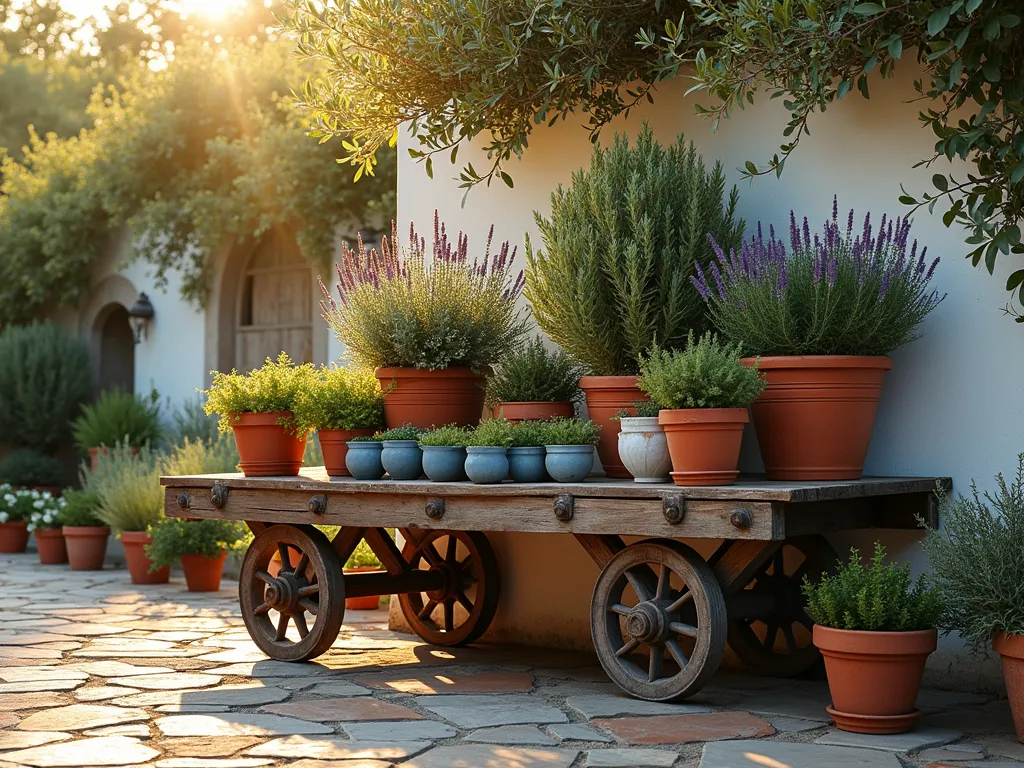 Mediterranean Garden Cart at Sunset - A rustic wooden garden cart on a sun-dappled stone patio, styled with weathered terracotta pots of varying sizes. The cart features cascading Mediterranean herbs and flowers: tall olive plants in large pots at the back, bushy lavender plants with purple blooms in the middle, and an array of fresh herbs like rosemary, thyme, and sage in smaller pots at the front. Blue and white ceramic planters are interspersed throughout, creating a striking contrast. Golden evening sunlight filters through the olive branches, casting warm shadows across the weathered wood of the cart. A white stucco wall with climbing bougainvillea provides a classic Mediterranean backdrop. Shot with a wide-angle lens at f/8, capturing the entire scene in rich detail, with the warm sunset lighting enhancing the terracotta tones. Photorealistic, 8K quality, DSLR photography.