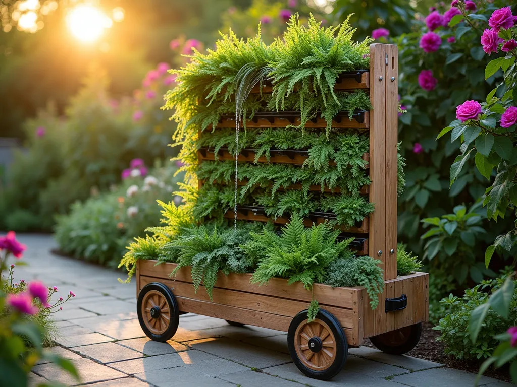 Mobile Living Wall Garden Cart - Professional DSLR photo of an elegant wooden garden cart transformed into a stunning vertical living wall, photographed during golden hour. The multi-tiered cart features cascading plants in numerous green pockets, with delicate water droplets from the built-in irrigation system catching the warm sunlight. Lush Boston ferns, trailing pothos, and purple wave petunias create a dramatic waterfall effect against the natural wood frame. The cart is positioned on a stone patio near climbing roses, with soft bokeh effects in the background garden. Shot at f/8 with natural lighting highlighting the textural contrast between the wooden structure and vibrant foliage. Captured from a slight low angle to emphasize the vertical drama of the living wall.