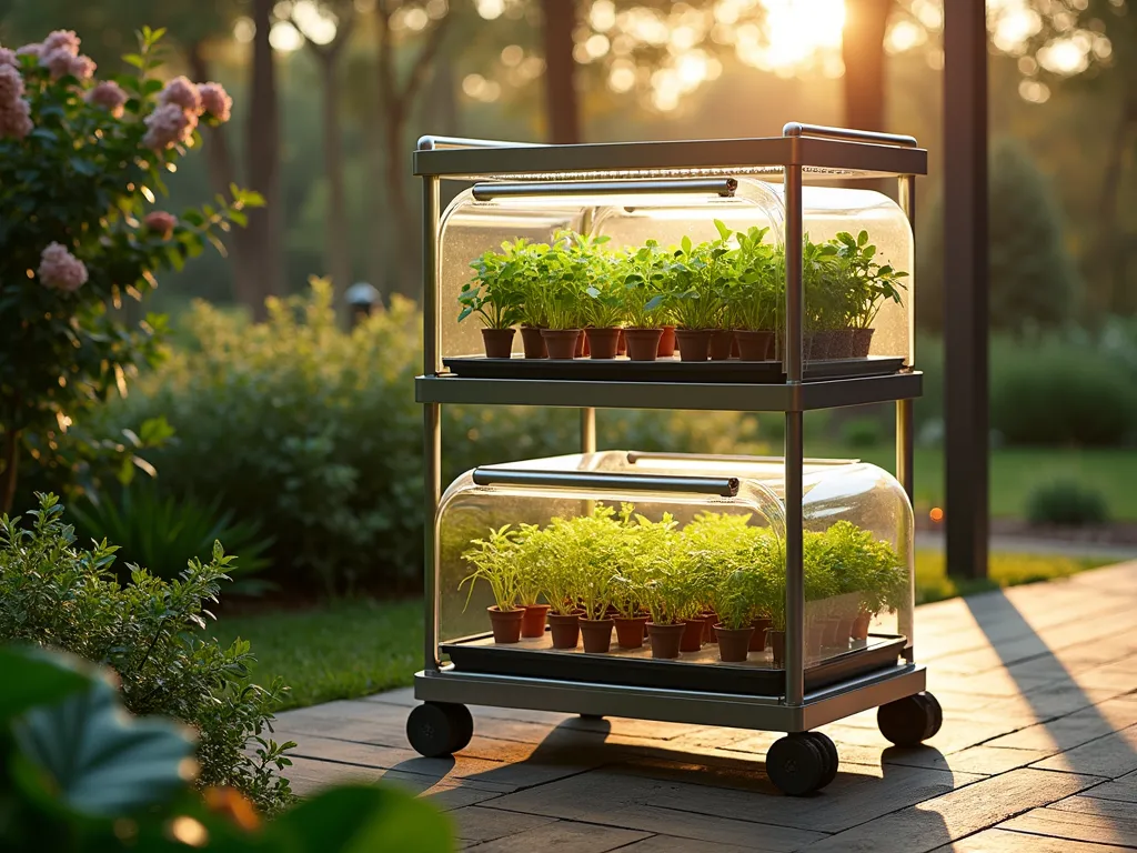 Modern Garden Propagation Cart in Morning Light - DSLR photo of a sophisticated, well-organized propagation cart stationed in a serene garden setting during early morning golden hours. The sleek, multi-tiered stainless steel cart features clear humidity domes housing various plant cuttings, with LED grow lights creating a warm glow. The bottom shelf displays neatly arranged heating mats with small potted cuttings, while the middle shelf shows propagation stations with water-filled glass tubes. Succulent leaves, pothos cuttings, and herb stems are visible in different stages of growth. Soft natural light filters through the surrounding garden, casting gentle shadows on the dewy grass. The cart is positioned near a contemporary wooden deck, with mature flowering plants in the background creating a professional gardening atmosphere. Shot at f/8 with a wide-angle lens, capturing both detail and context. The scene conveys both scientific precision and natural beauty.