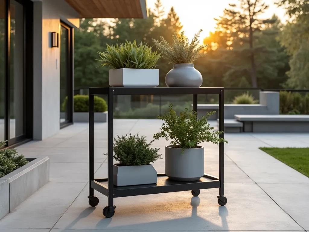 Sleek Modern Garden Cart in Contemporary Setting - A sophisticated minimalist garden trolley positioned on a modern patio at golden hour. The trolley features clean geometric lines with two adjustable matte black powder-coated metal shelves floating on a slim frame. Various sized contemporary planters in cool gray and white tones display a curated collection of architectural plants. The background showcases a sleek concrete patio with subtle wood accents and glass railings, creating a harmonious modern outdoor living space. Soft directional lighting emphasizes the cart's structural elements and casts elegant shadows.