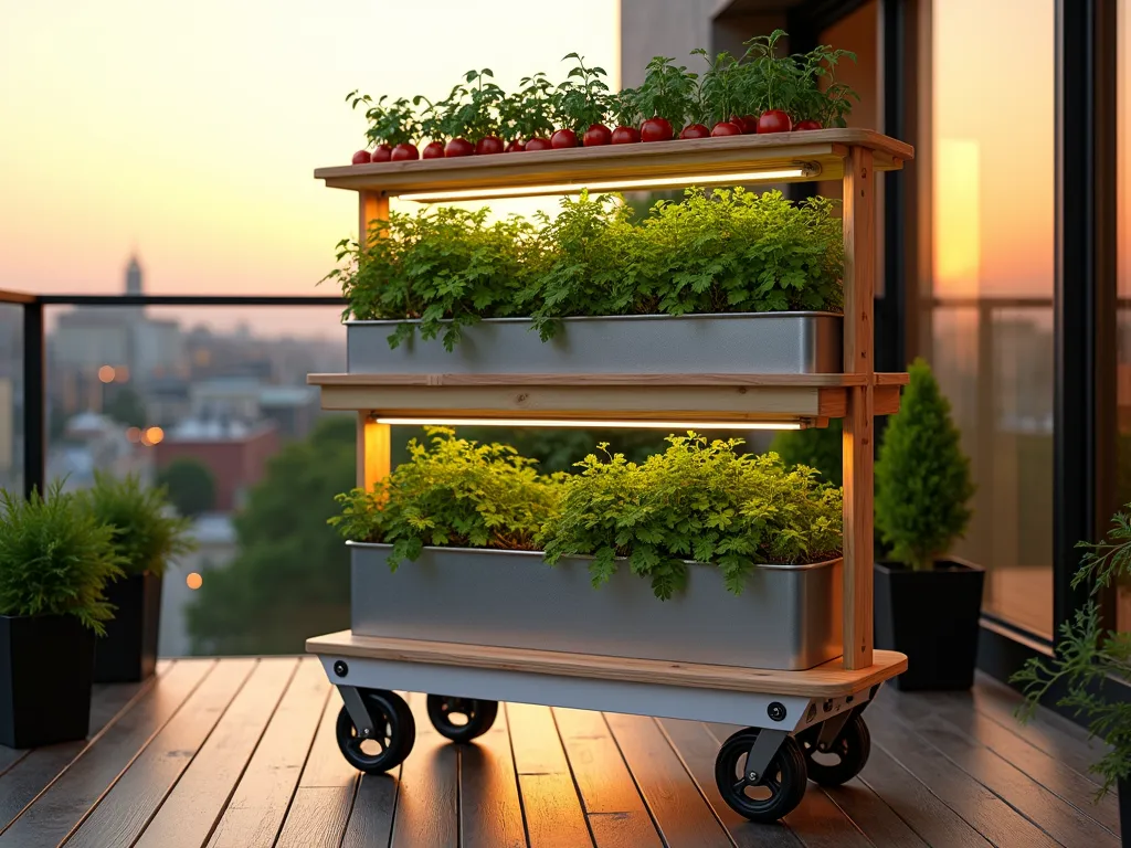 Modern Urban Vegetable Cart Garden - A sleek, modern garden cart in a contemporary urban balcony setting during golden hour sunset. The multi-tiered cart features minimalist white and natural wood construction with deep metal planters containing thriving vegetables. Close-up view showing innovative vertical trellises supporting climbing pea vines and cherry tomatoes. Lower levels showcase root vegetables with visible carrot tops and beetroot leaves. Built-in drip irrigation system with copper pipes elegantly winding through the structure. Mediterranean herbs occupy small containers on the top tier. The cart is positioned against a modern architectural backdrop with city views, casting warm evening shadows across the wooden deck surface. Ambient lighting highlights the lush greenery and practical design elements.