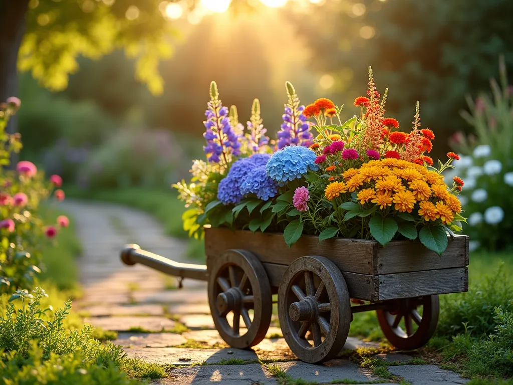 Rainbow Garden Cart Display - A charming vintage wooden garden cart bathed in golden late afternoon sunlight, positioned on a garden path surrounded by lush greenery. The cart features a stunning rainbow-inspired arrangement of flowers and plants in graduated heights, starting with deep purple delphiniums and blue hydrangeas at the back, transitioning through cobalt blue lobelia, vibrant yellow marigolds, orange lantana, and crowned with cascading red verbena in front. The plants are meticulously arranged in color-blocked sections, creating a perfect rainbow arc. Soft bokeh effect in the background shows glimpses of a cottage garden setting, with dappled sunlight filtering through overhead trees. The cart's rustic wooden wheels rest on a natural stone pathway, with delicate tendrils of creeping thyme growing between the stones.