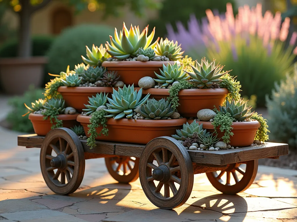 Rustic Garden Cart Succulent Display - A vintage wooden garden wagon transformed into a stunning multi-tiered succulent display, photographed during golden hour. The weathered cart features three graduated wooden platforms with copper drainage trays, showcasing an artful arrangement of diverse succulents in terracotta and ceramic pots. Echeveria rosettes, spiky Aloe vera, and trailing String of Pearls cascade over the edges, while desert rocks and pebbles add natural texture. Soft evening sunlight filters through the plants, creating dramatic shadows on the rustic wood. The cart is positioned on a stone patio with a Mediterranean-style garden backdrop, complete with lavender bushes and ornamental grasses. Ultra-detailed, professional photography, shallow depth of field focusing on the intricate succulent details.