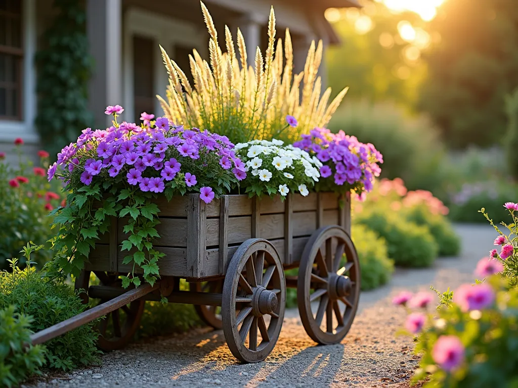 Rustic Wooden Garden Wagon Display - A weathered wooden wagon with large, vintage wooden wheels sits in a sunlit cottage garden at golden hour. The wagon features distressed wood planks and deep sides overflowing with cascading purple petunias, white lobelia, and pink calibrachoa. Ornamental grasses provide height in the back, while trailing vines of ivy gracefully spill over the sides. The wagon is positioned at a slight angle on a rustic gravel path, surrounded by established perennial gardens. Soft bokeh effect in background shows glimpses of a farmhouse-style home. Shot from a three-quarter angle to showcase both the architectural details of the wagon and the dramatic cascading flowers. Natural sunlight casts long shadows and creates a warm, romantic atmosphere.