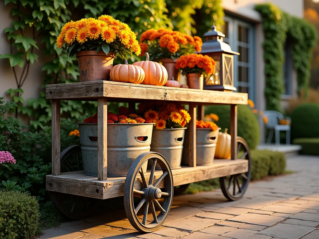 Four Seasons Garden Display Cart - A professional DSLR photo capturing a rustic wooden garden cart with multiple tiers at golden hour in a well-manicured backyard. The cart features autumn-themed decorations on top, including vibrant chrysanthemums, ornamental gourds, and copper lanterns. The middle shelf displays stored winter and spring decorations visible through clear storage bins, while the bottom tier holds summer items. The cart sits on vintage metal wheels with a patina finish, positioned against a stone patio backdrop with climbing ivy. The warm evening sunlight casts long shadows and creates a magical glow on the seasonal display, highlighting the rich autumn colors and weathered wood texture. Shot at f/8 with natural lighting emphasizing depth and detail.