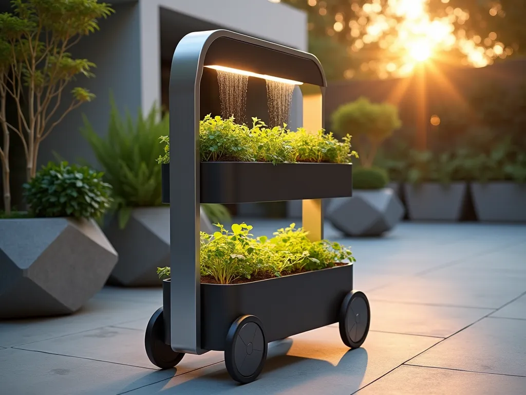 Modern Solar-Powered Garden Cart at Dusk - A sleek, modern garden cart with integrated solar panels photographed during golden hour in a contemporary urban garden setting. The cart features a minimalist metallic silver and matte black design with built-in LED grow lights illuminating a collection of herbs and microgreens. A small, solar-powered water fountain creates gentle movement on the cart's upper tier. Ambient lighting casts a warm glow on the surrounding patio space, with clean architectural lines and geometric planters in the background. Shot with a wide-angle perspective at f/2.8, capturing the cart's innovative technology while maintaining the natural garden atmosphere. The solar panels catch the last rays of sunlight, creating subtle reflections against the cart's modern surface.