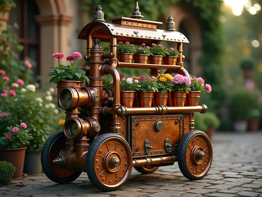 Steampunk Garden Trolley in Victorian Garden - A meticulously crafted steampunk garden trolley positioned in a twilight Victorian garden setting, captured in a three-quarter angle view. The trolley features intricate copper piping framework, brass-rimmed analog gauge displays, and antique bronze wheels with gear-like details. Multiple tiers showcase blooming plants in weathered copper containers. Ornate Victorian-style metalwork adorns the handles and edges, while functional storage compartments feature riveted metal plates and brass latches. Soft evening sunlight glints off the polished copper elements, creating warm highlights. The trolley is photographed with a shallow depth of field, emphasizing its unique industrial-meets-garden aesthetic against a backdrop of climbing roses and vintage garden architecture. Shot with a wide-angle lens at f/8, capturing rich detail and texture in the metalwork while maintaining environmental context.